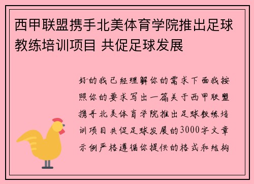 西甲联盟携手北美体育学院推出足球教练培训项目 共促足球发展 西甲联盟携手北美体育学院推出足球教练培训项目 共促足球发展